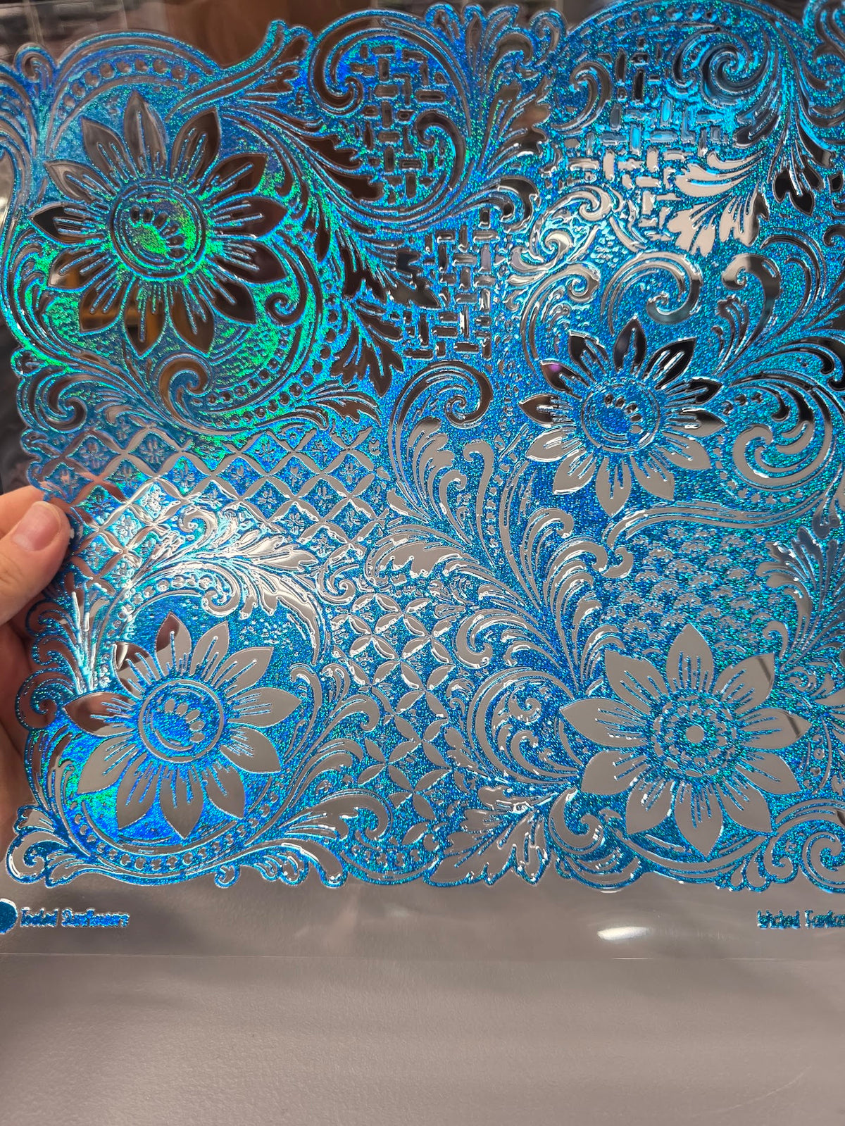 UVDTF Prism Blue Holographic Tooled Sunflowers 11"x11"