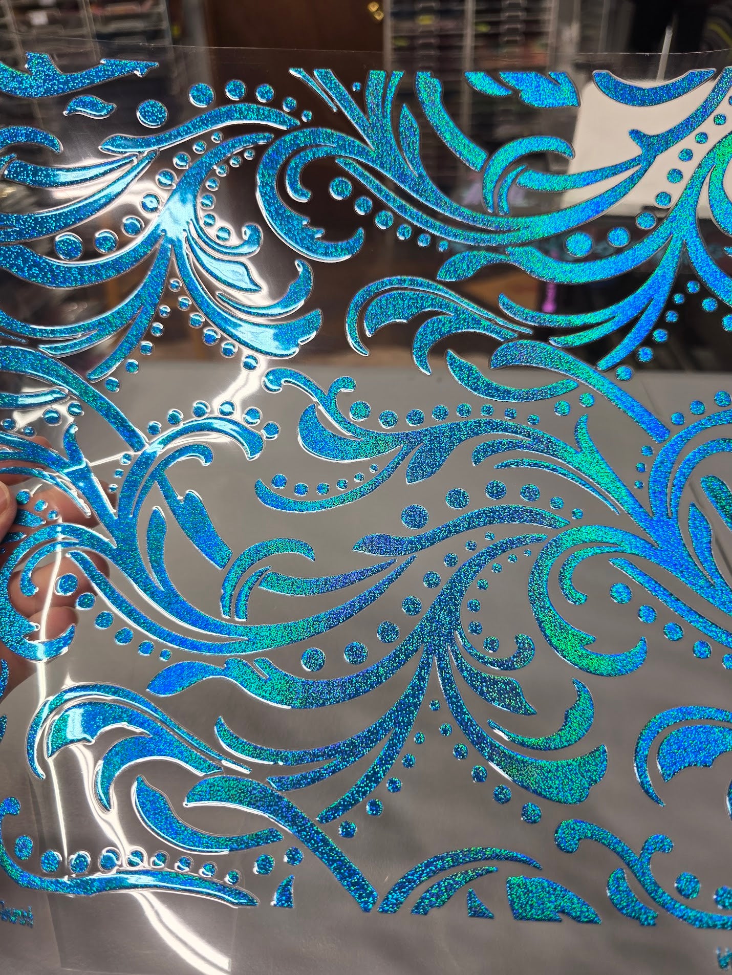 UVDTF Prism Blue Holographic Large Tooled Flourish 11"x11"