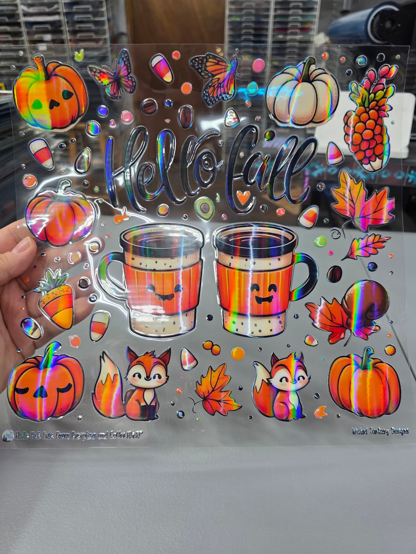 UVDTF Laser Holographic Hello Fall Foxes Pumpkins and Coffee 11"x11"