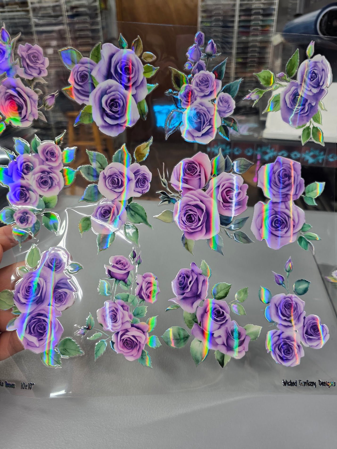 UVDTF Laser Holographic Purple Roses 11"x11"