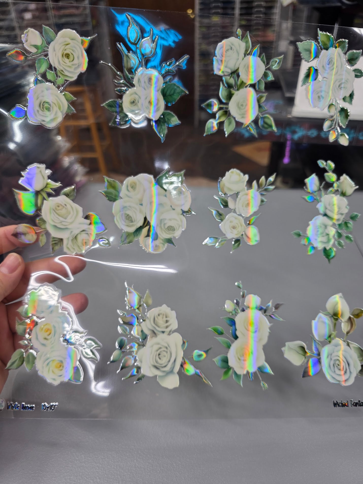 UVDTF Laser Holographic White Roses 11"x11"