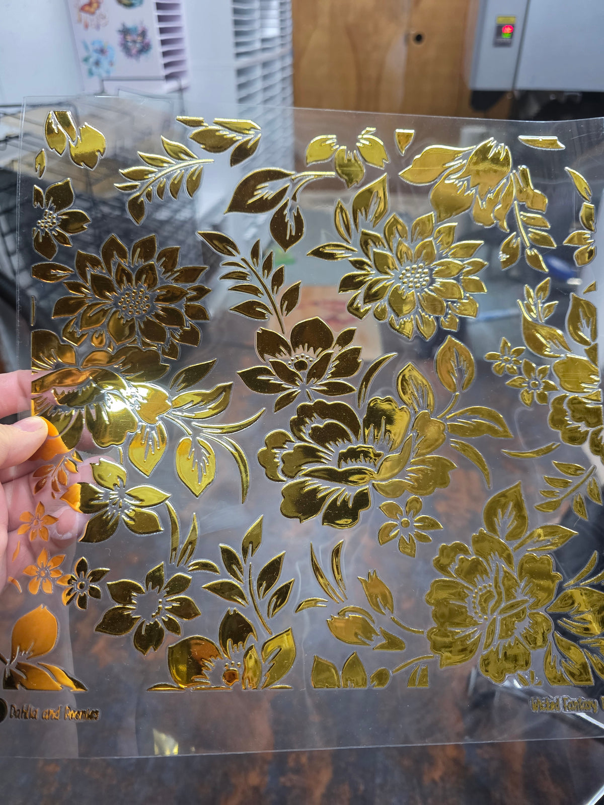 UVDTF Gold Metallic Peonies and Dahlias 11"x11"