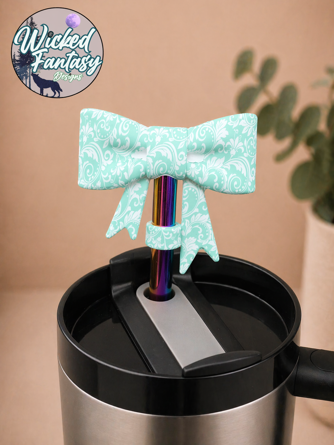 Teal Tooled Bow Silicone Straw Topper