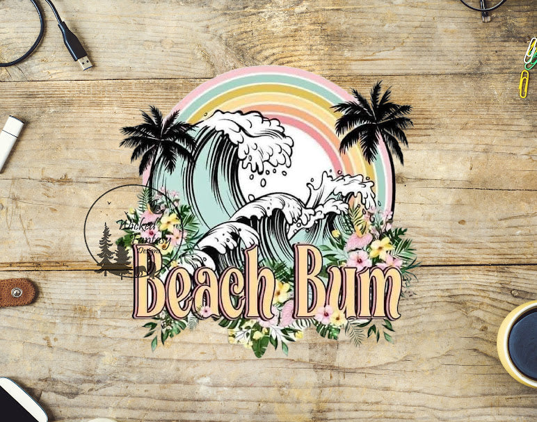 UVDTF Decal Beach Bum Pastel Rainbow Waves Flowers 1pc