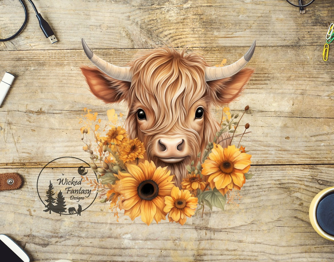 UVDTF Cute Highland Calf Sunflowers 1pc