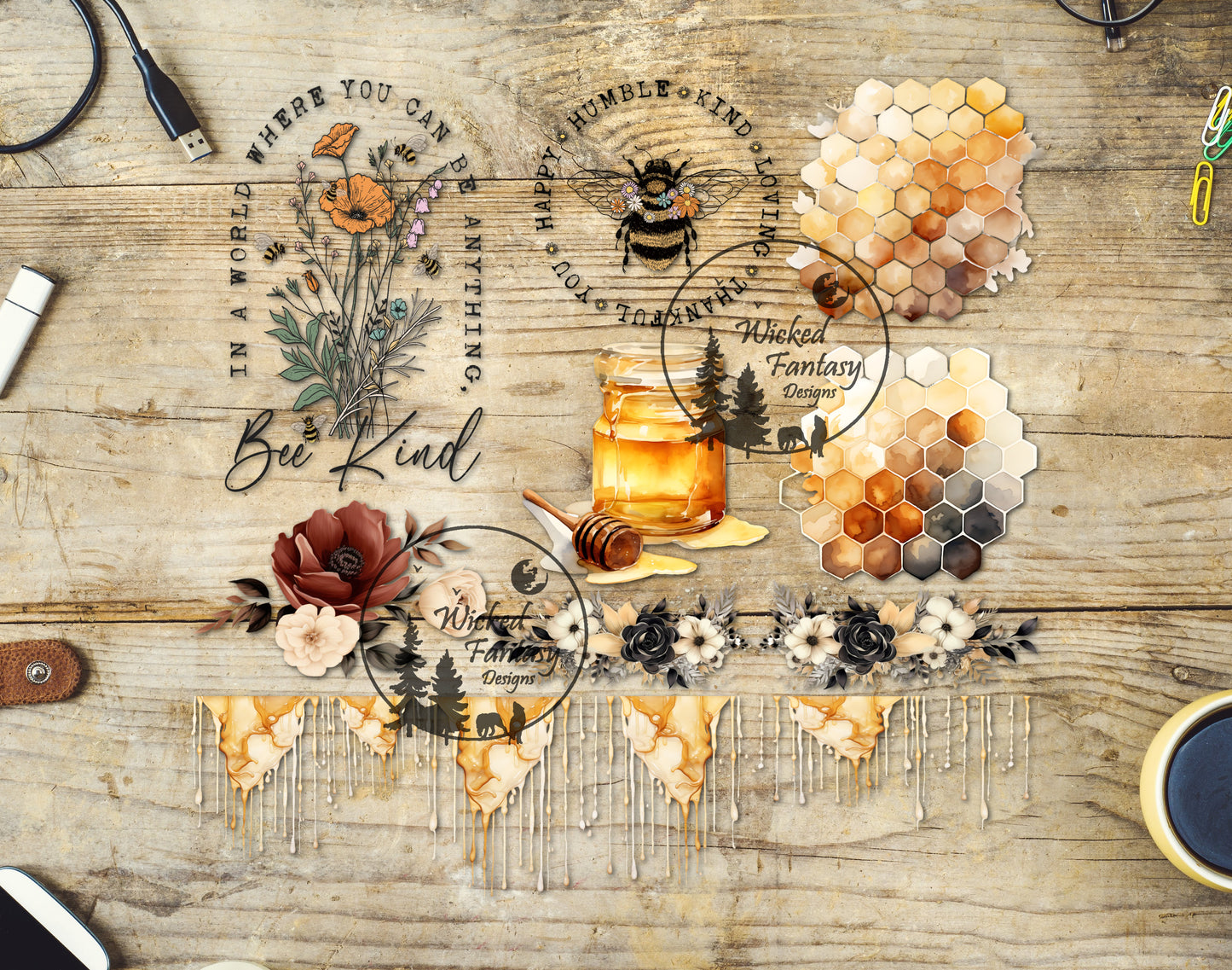 UVDTF Decal Sheet 12''x12" Honey Bee Watercolor Element Set