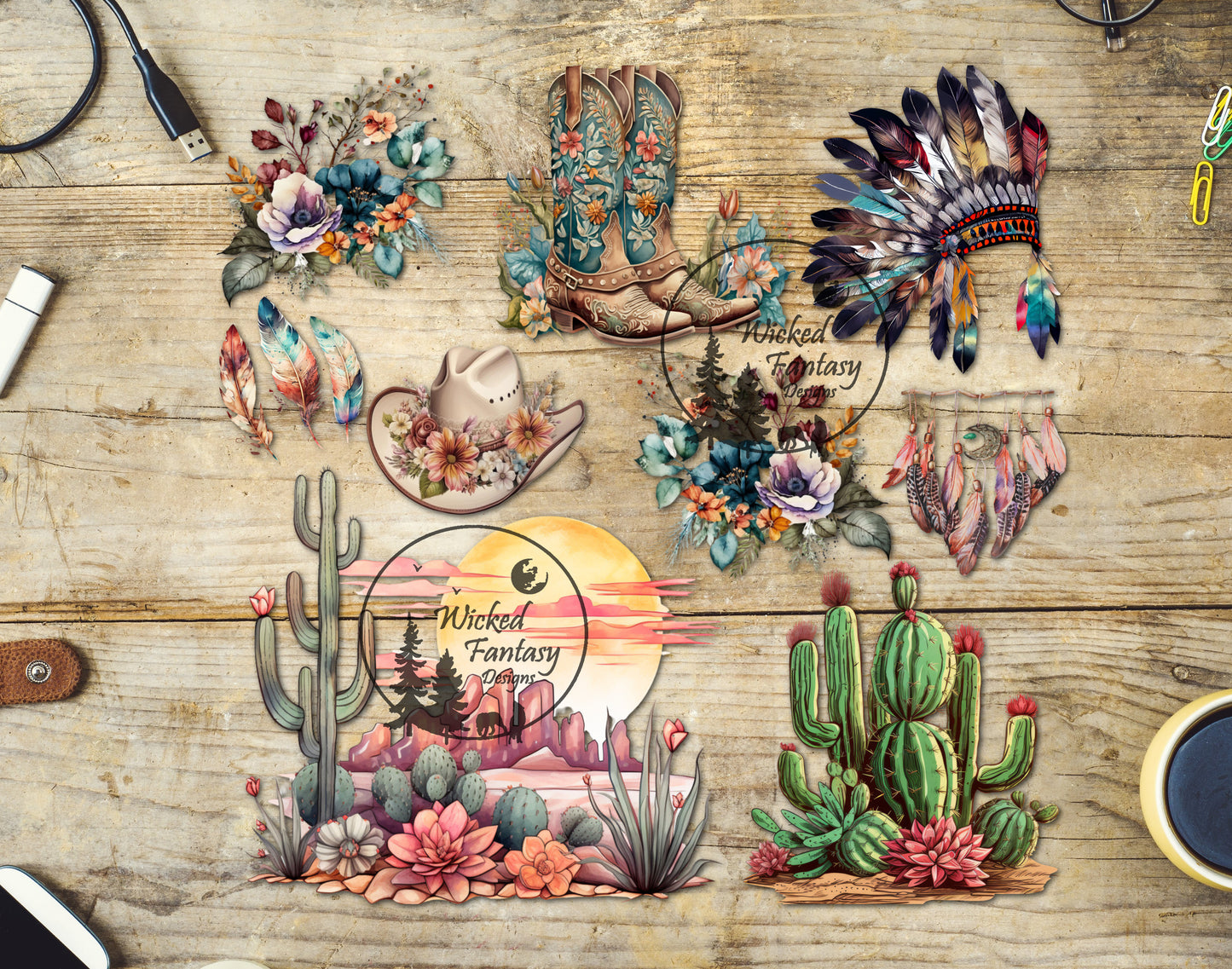 UVDTF Decal Sheet 12''x12" Southwestern Desert Watercolor Element Set