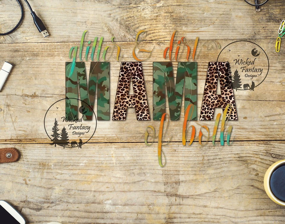UVDTF Glitter & Dirt Mama Of Both Leopard Print Camo 1pc