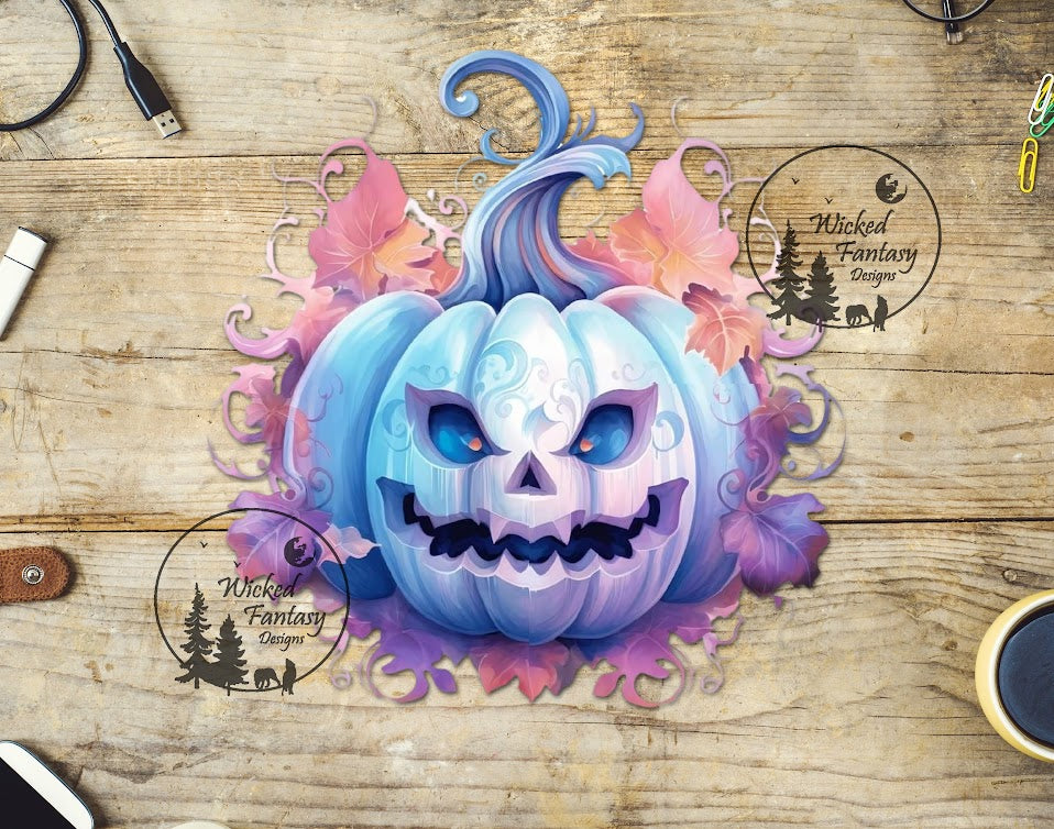 UVDTF Pastel Blue Jack o' Lantern Pink Purple Leaves 1pc