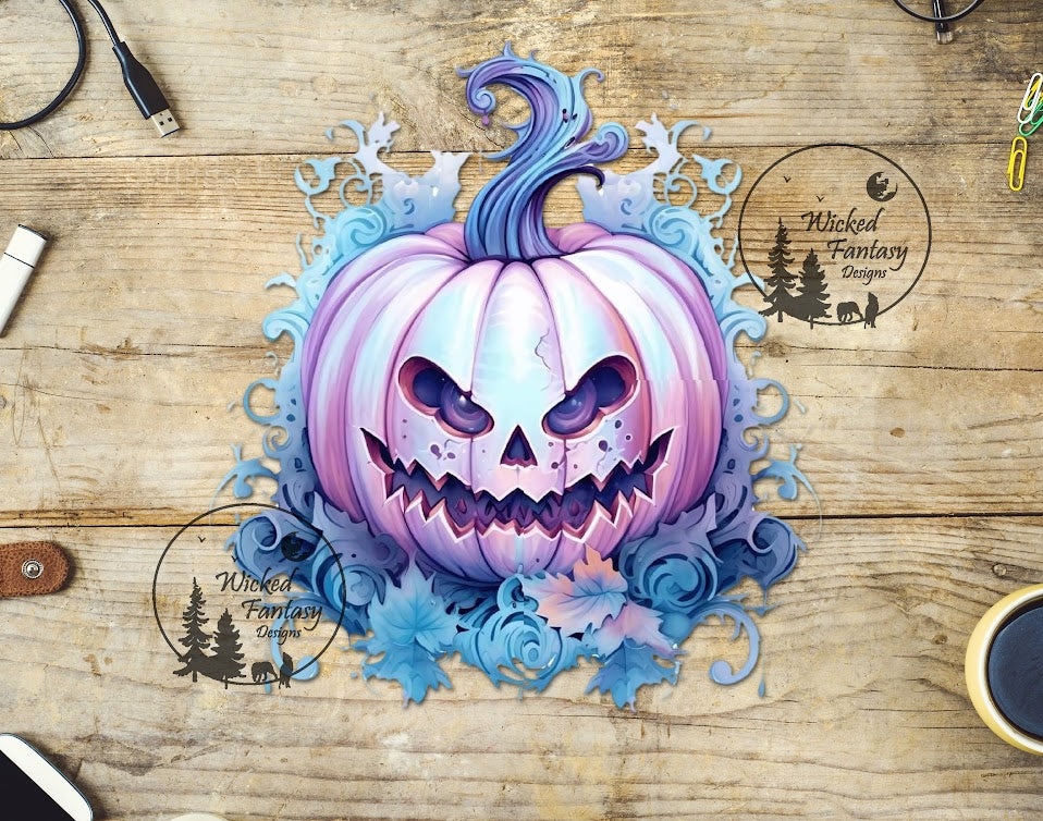 UVDTF Pastel Blue Silver Jack o' Lantern Blue Purple Leaves 1pc