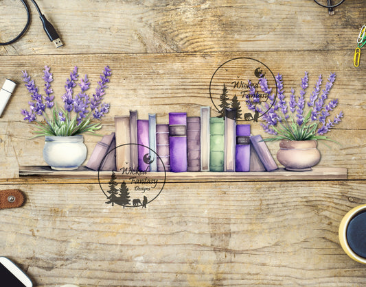 UVDTF Decal Tumbler Element Books on Shelf Lavender Transparent Background Sticker 1pc