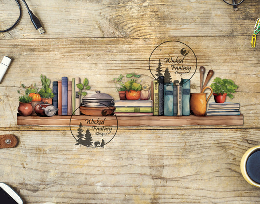 UVDTF Decal Tumbler Element Books on Shelf Herbs Kitchen Transparent Background Sticker 1pc