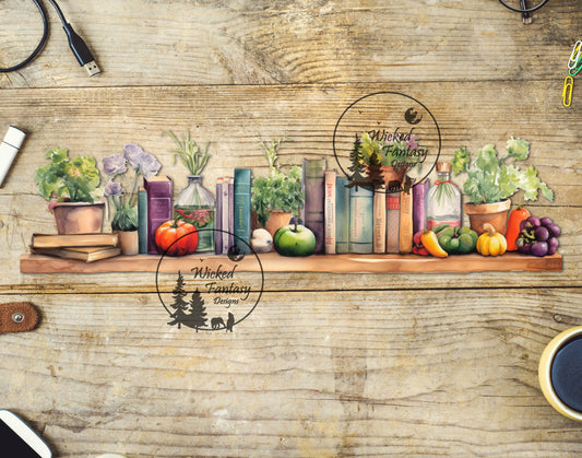 UVDTF Decal Tumbler Element Books on Shelf Plants Garden Life Transparent Background Sticker 1pc