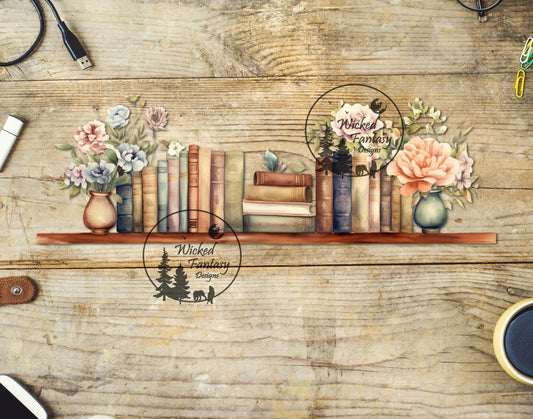 UVDTF Decal Tumbler Element Books on Shelf Peony Roses Transparent Background Sticker 1pc