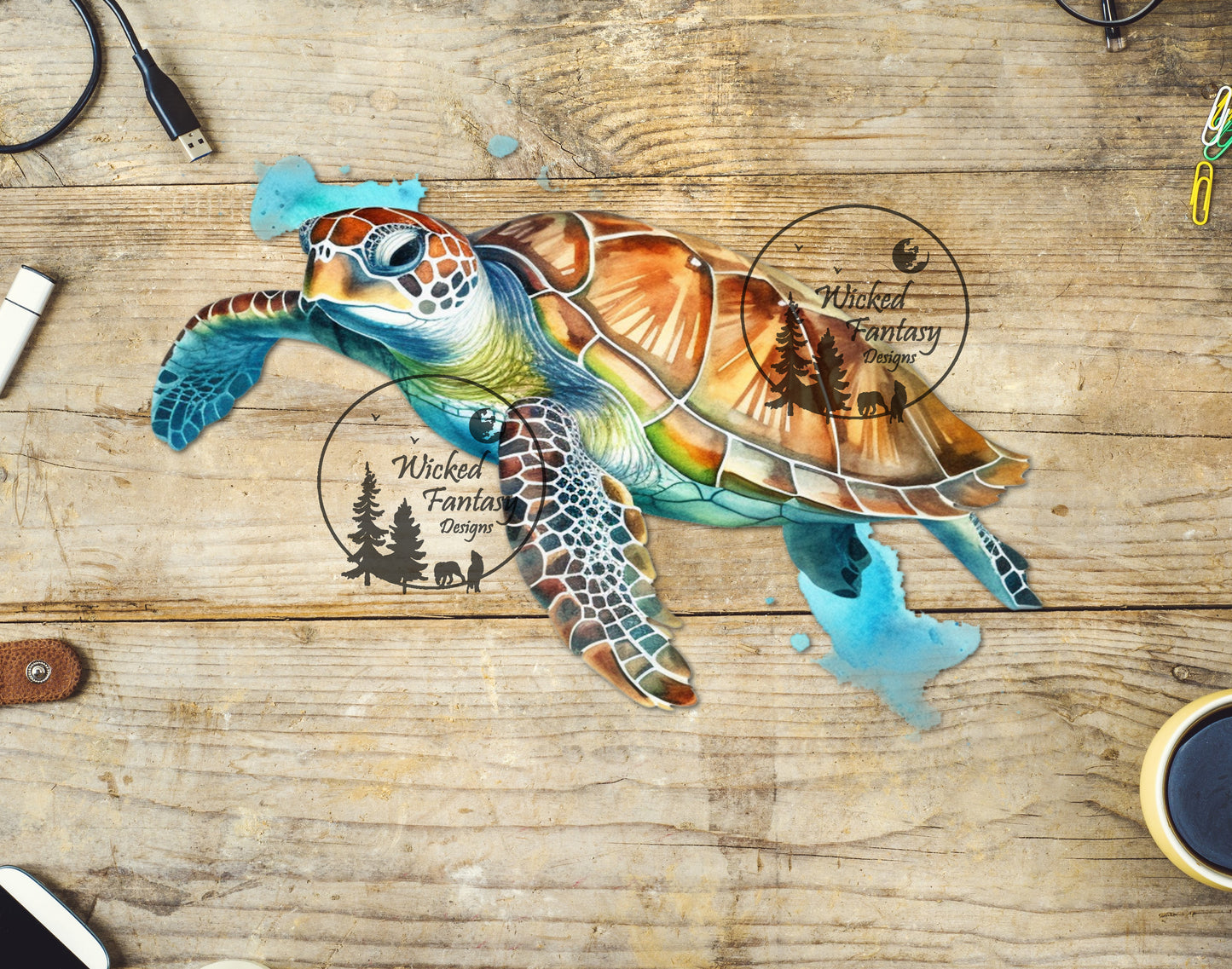 UVDTF Decal Sea Turtle Colorful splash of teal