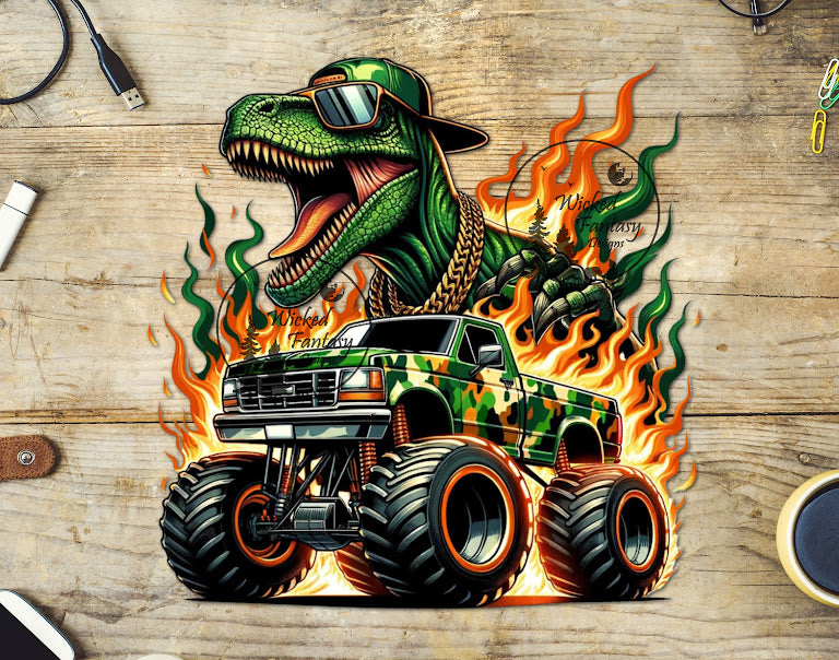 UVDTF Cool T-Rex with Hat Riding Monster Truck