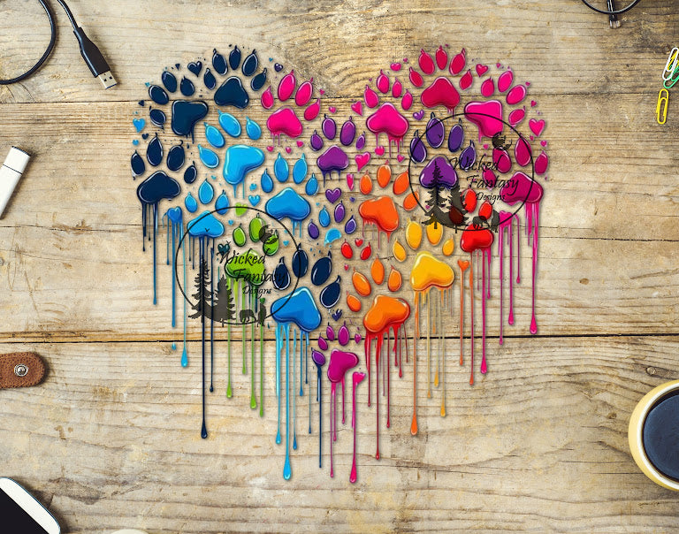 UVDTF Dripping Rainbow Paw Print Heart