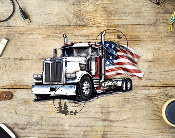 UVDTF Semi Truck with Waving American Flag