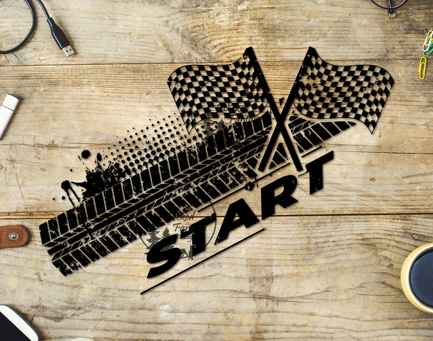 UVDTF Decal Tire Tracks Starting Line Racing Flag