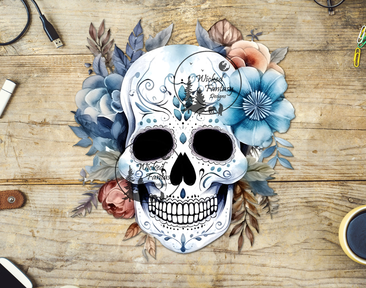 UVDTF Decal Sugar Skull Large Blue Flowers