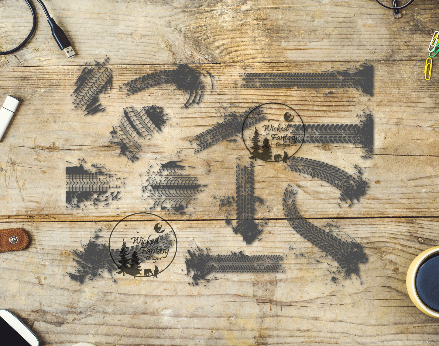 UVDTF Tire Tracks Burn Outs Tumbler Element Decals 10"x6"