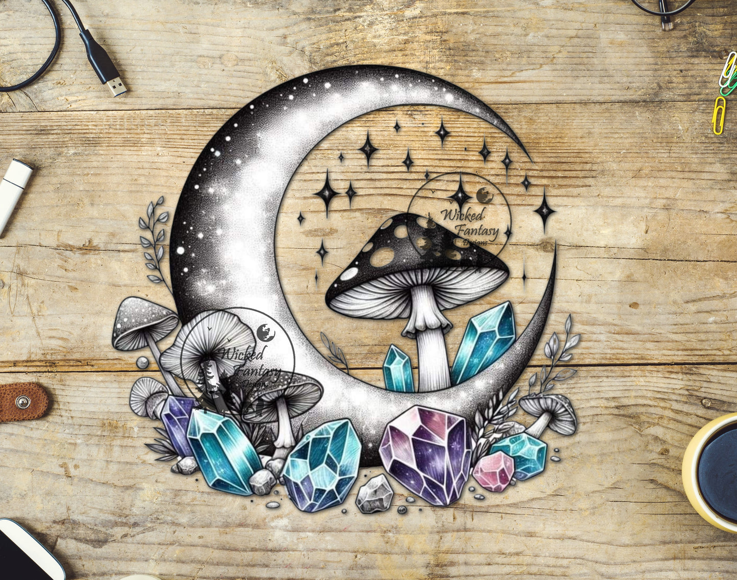 UVDTF Decal Crescent Moon Mushroom Crystals