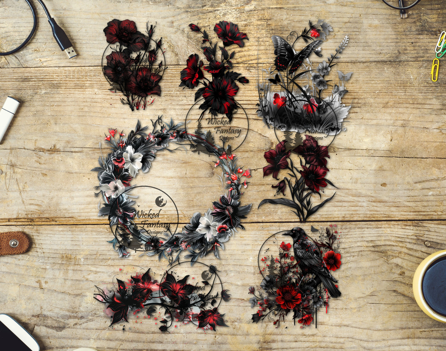 UVDTF Red and Black Gothic Flowers 8.5"x10" Decal Tumbler Element