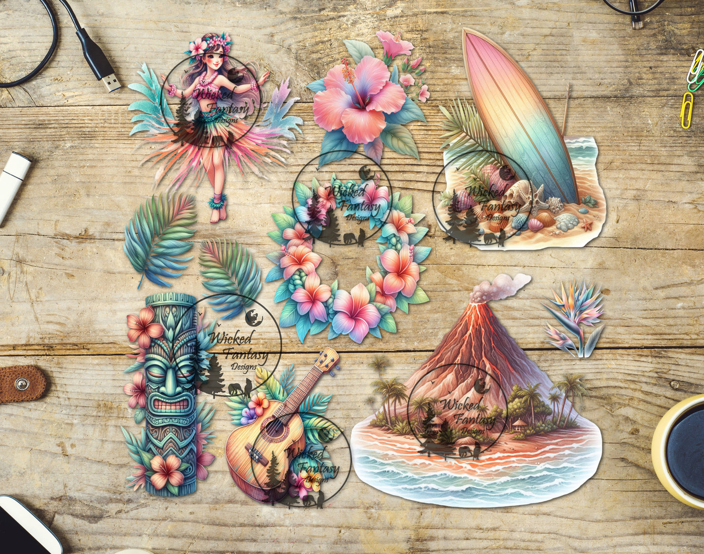 UVDTF Decal Pastel Hawaiian Tropical Island Tumbler Elements