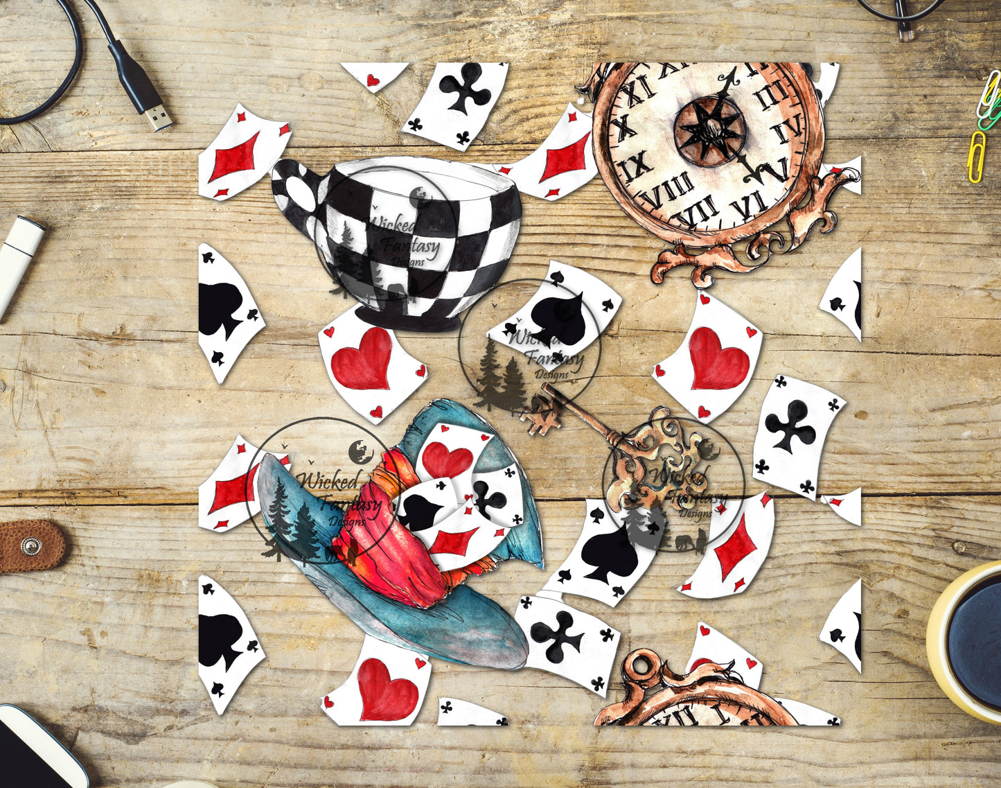 UVDTF Decal Playing Cards Top Hat Clocks Wonderland Tumbler Elements