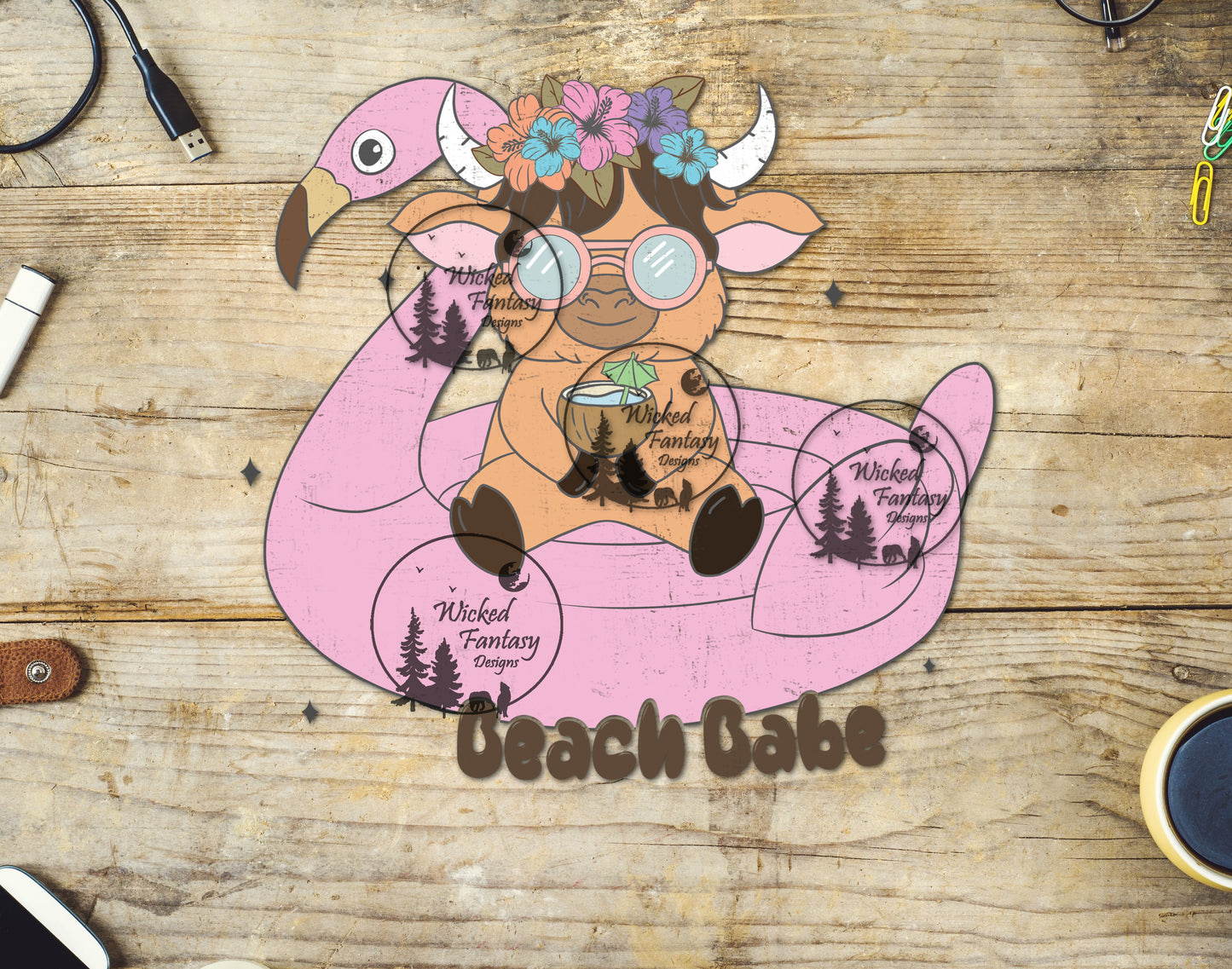 UVDTF Beach Babe Highland Cow Flamingo Float