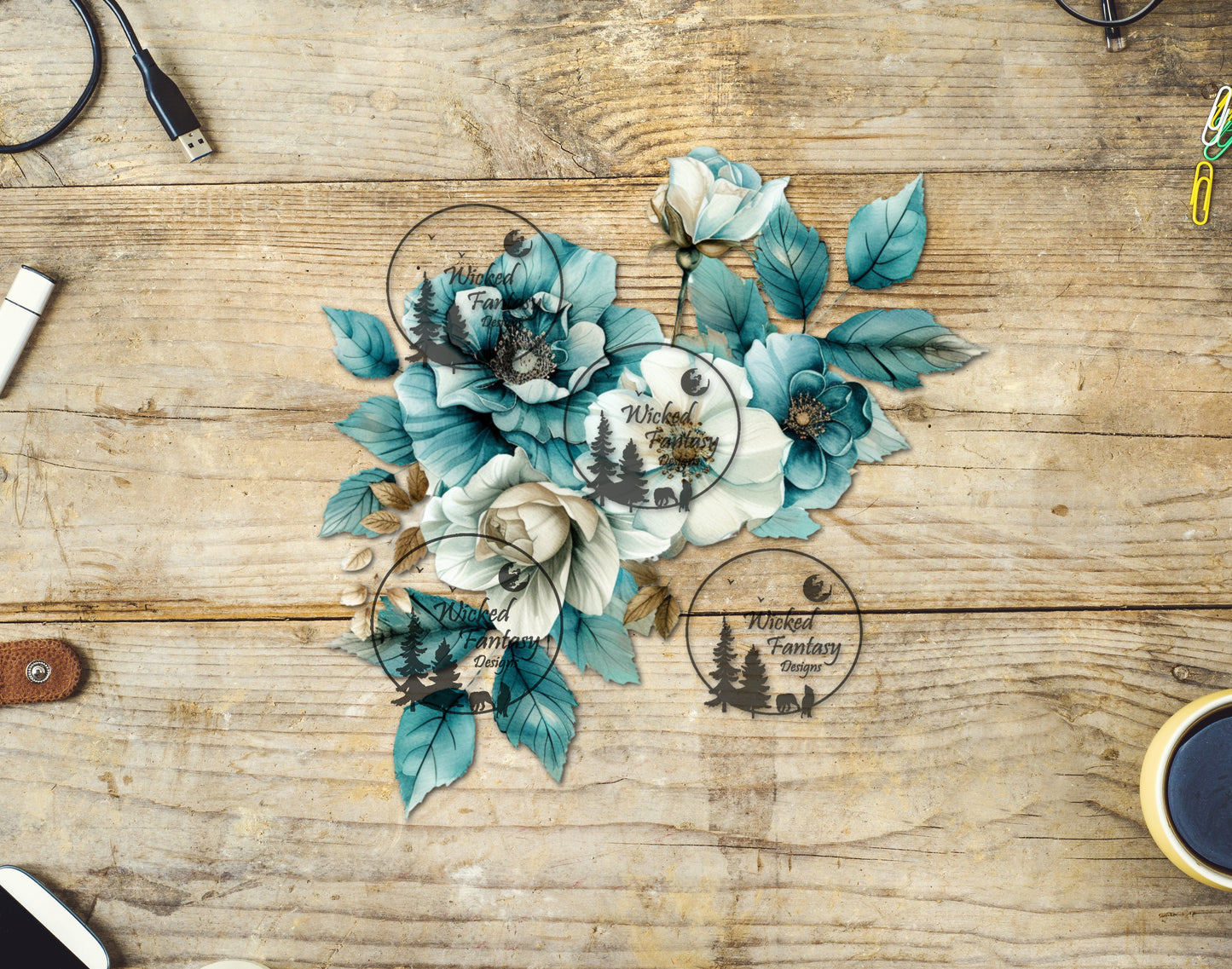 UVDTF Teal and Light Blue Flower Bouquet Arrangement