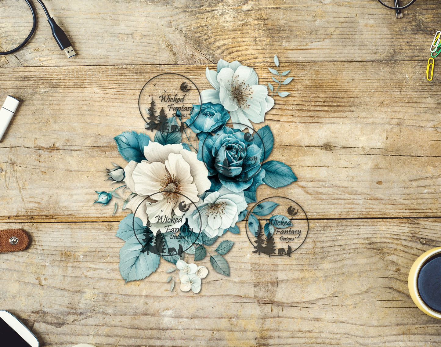 UVDTF Teal Cream White Flower Bouquet Arrangement