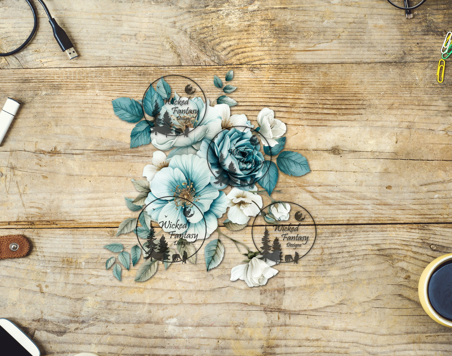 UVDTF Teal Cream Flower Bouquet Arrangement