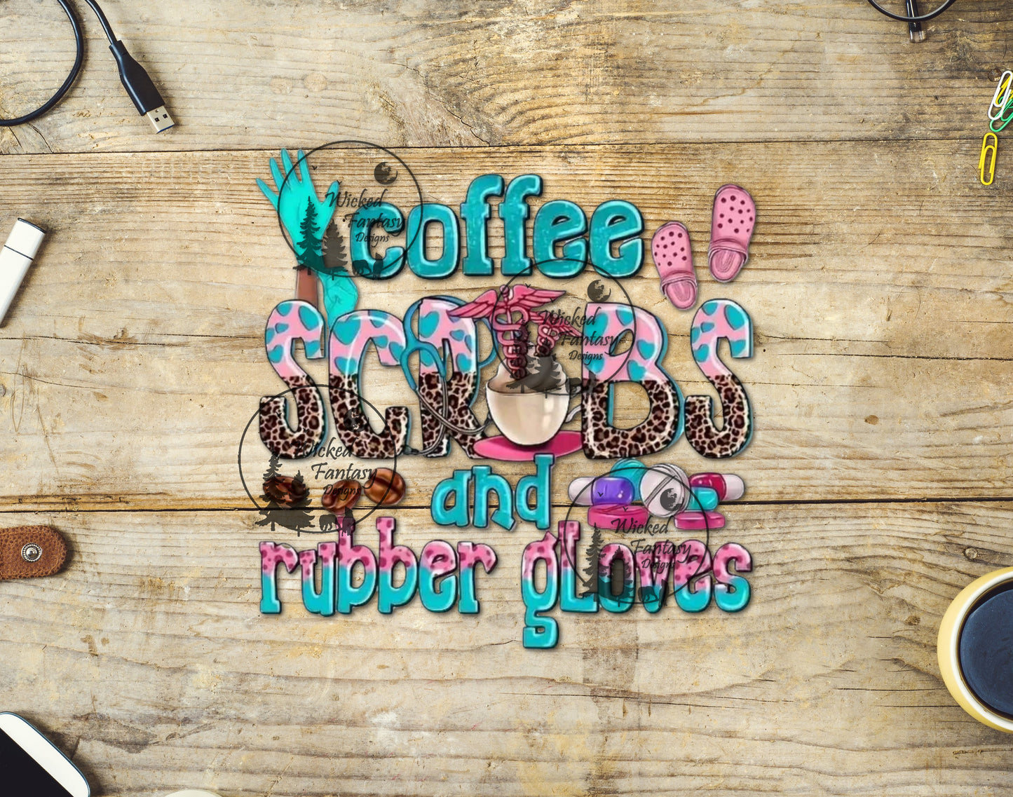 UVDTF Coffee Scrubs and Rubber Gloves