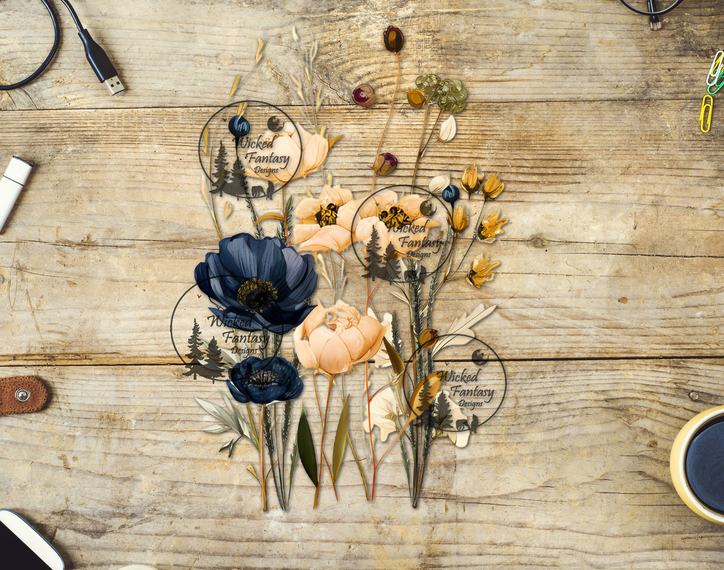 UVDTF Navy and Yellow Flower Bouquet Arrangement