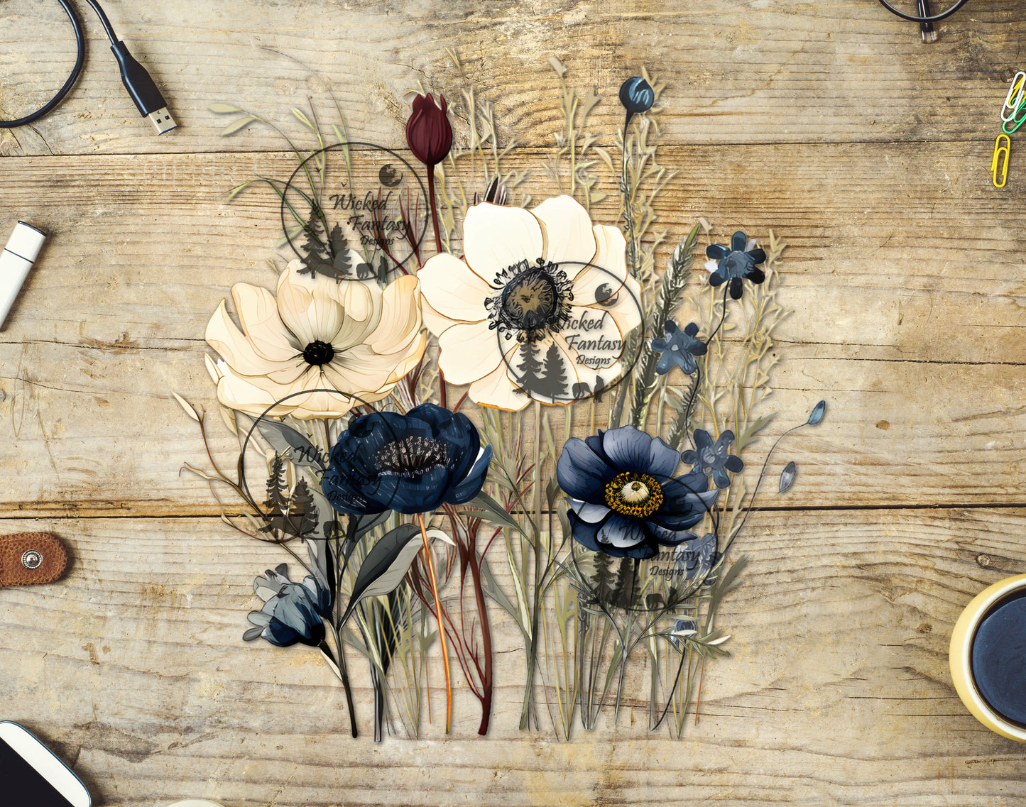 UVDTF Navy and Cream Flower Bouquet Arrangement