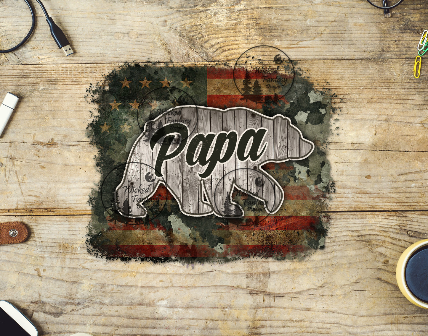 UVDTF Papa Bear US Flag Camo Rustic