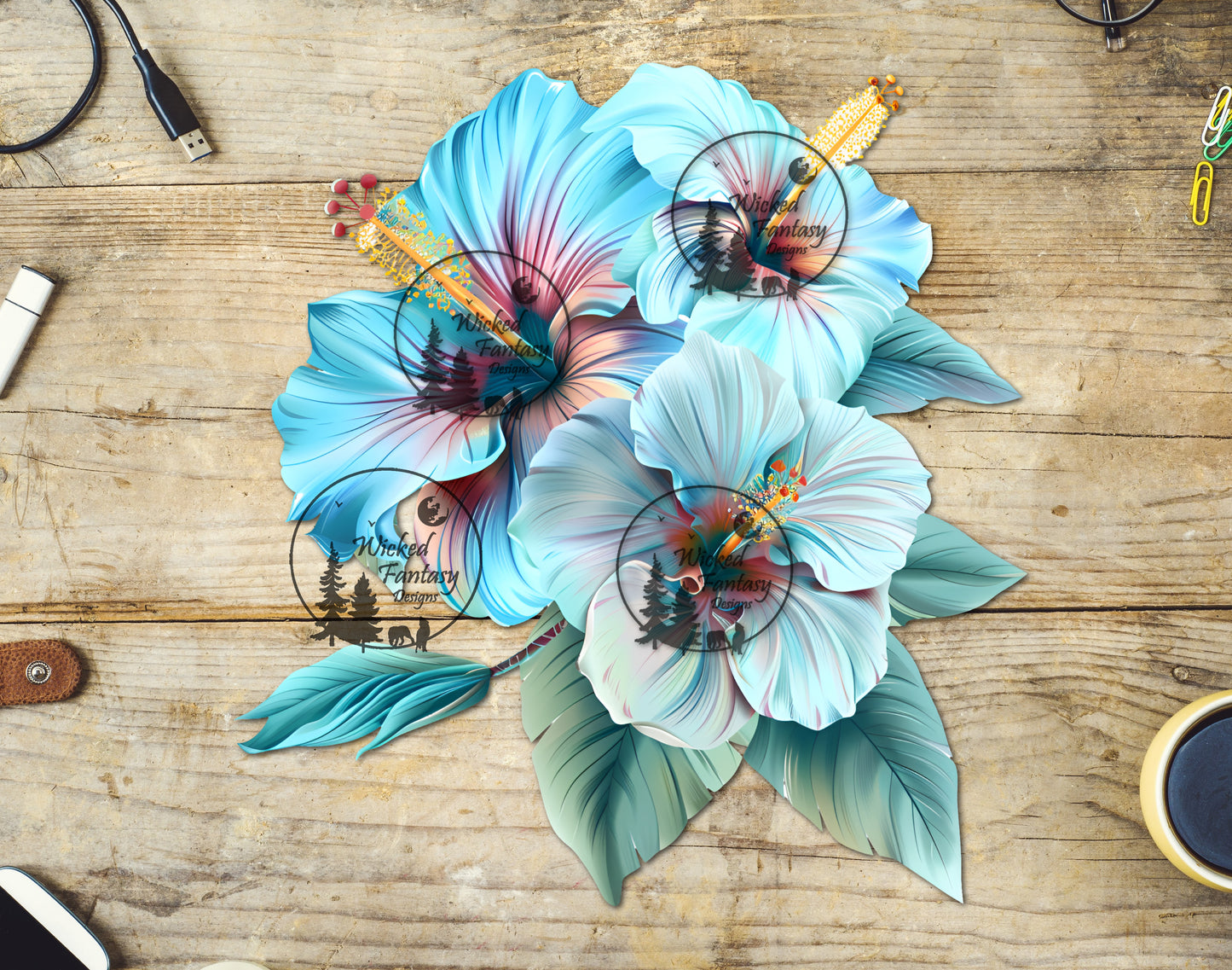 UVDTF Teal Peach Tropical Flower Arrangement Bouquet