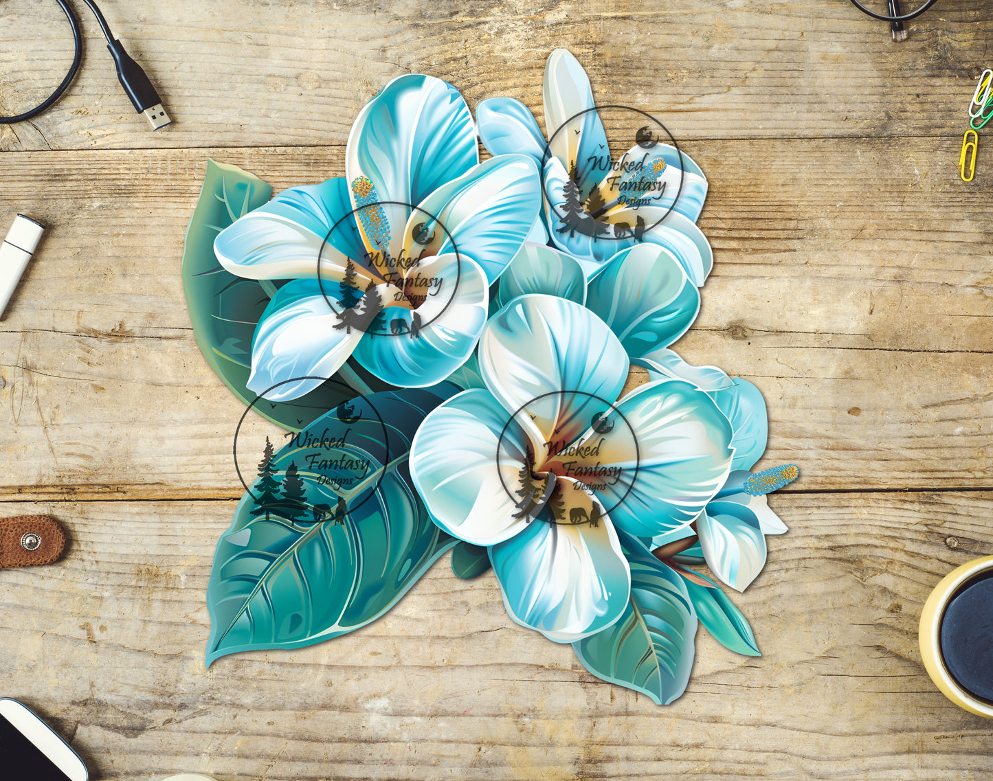 UVDTF Teal Gold Tropical Flower Arrangement Bouquet