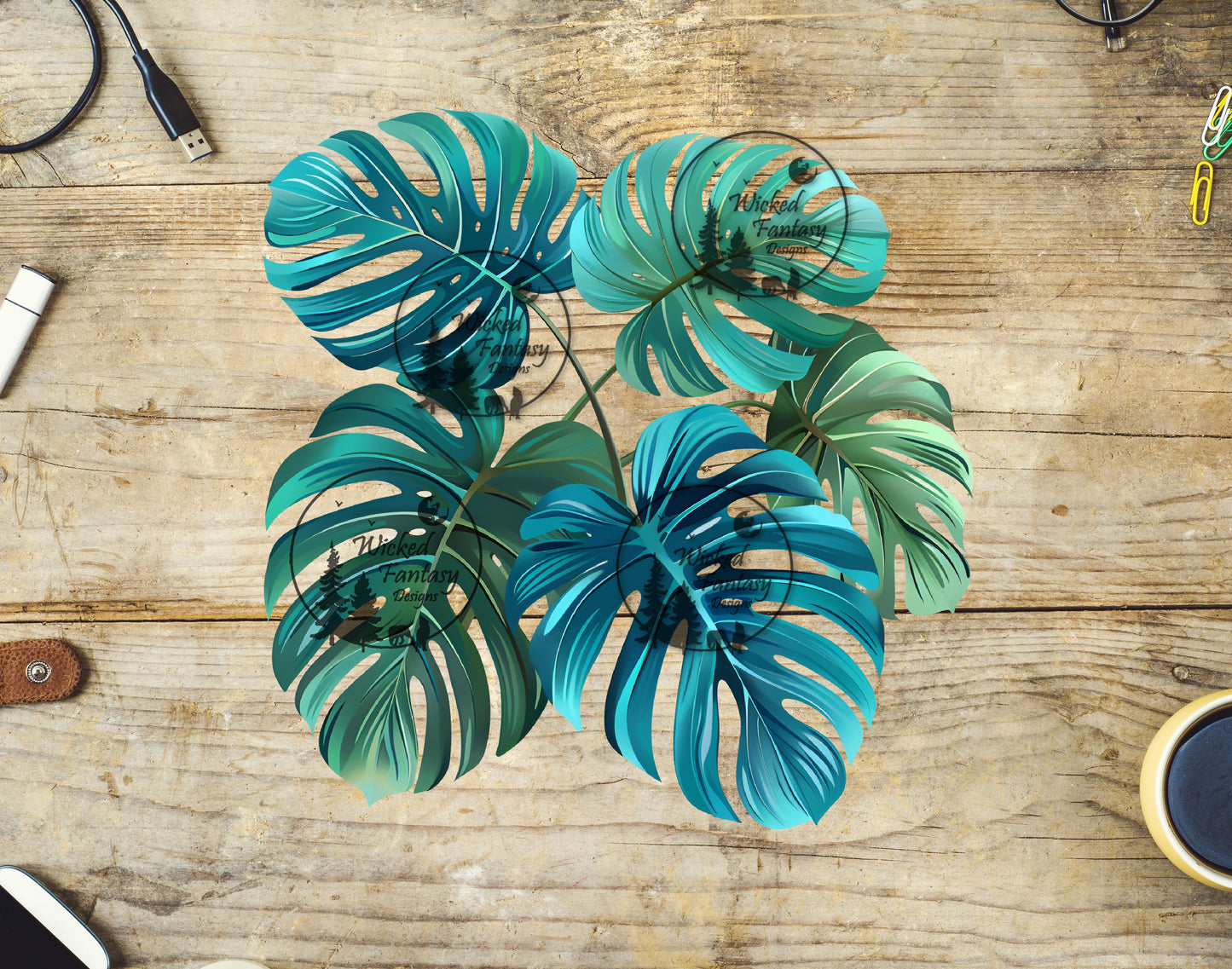 UVDTF Teal Green Monstera Leaf Arrangement