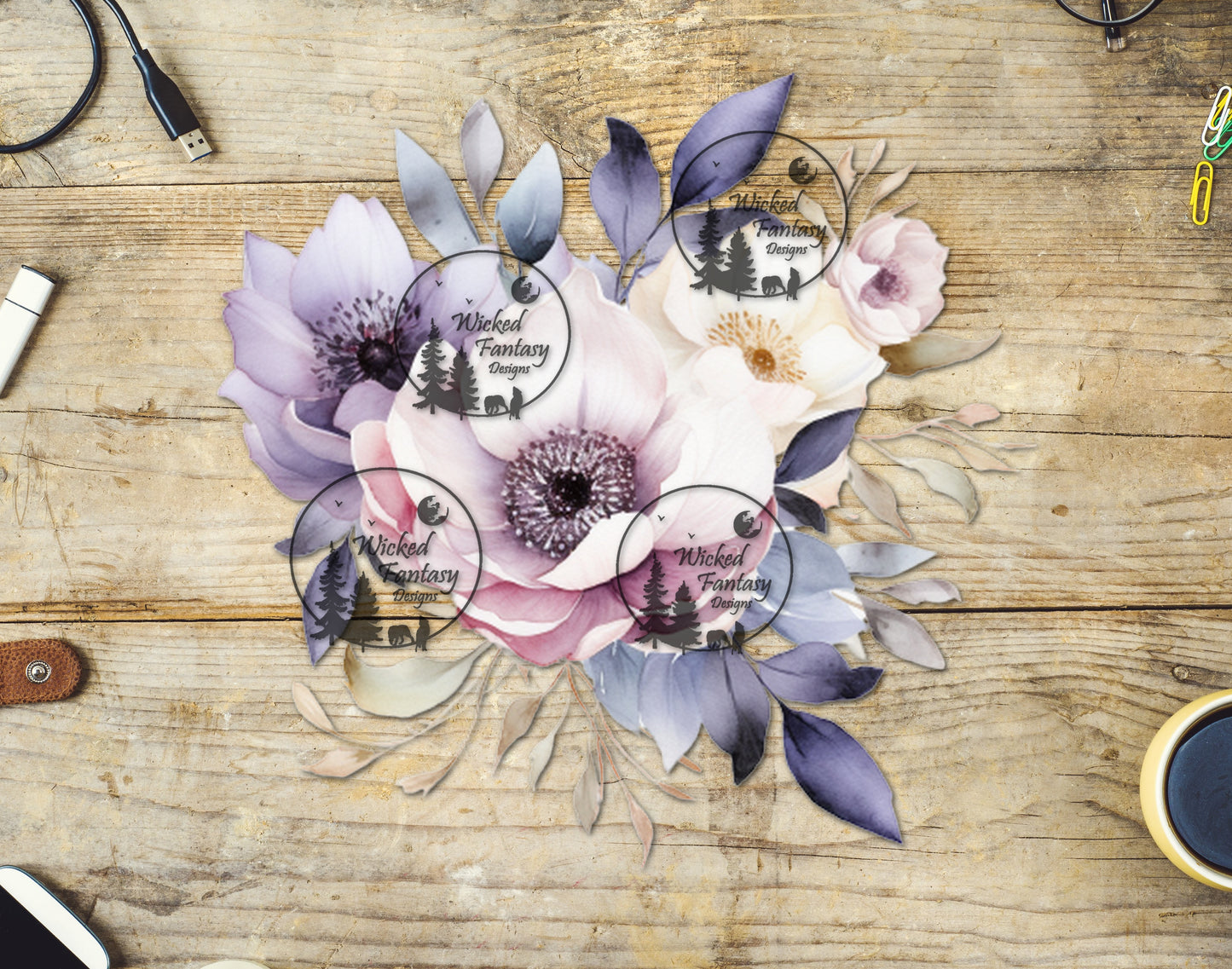 UVDTF Lavender and Pink Flower Bouquet Arrangement