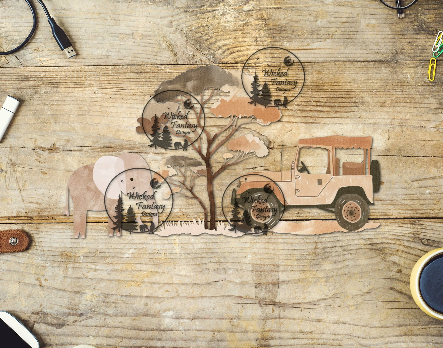 UVDTF Elephant and Off Road Vehicle Savanna Safari
