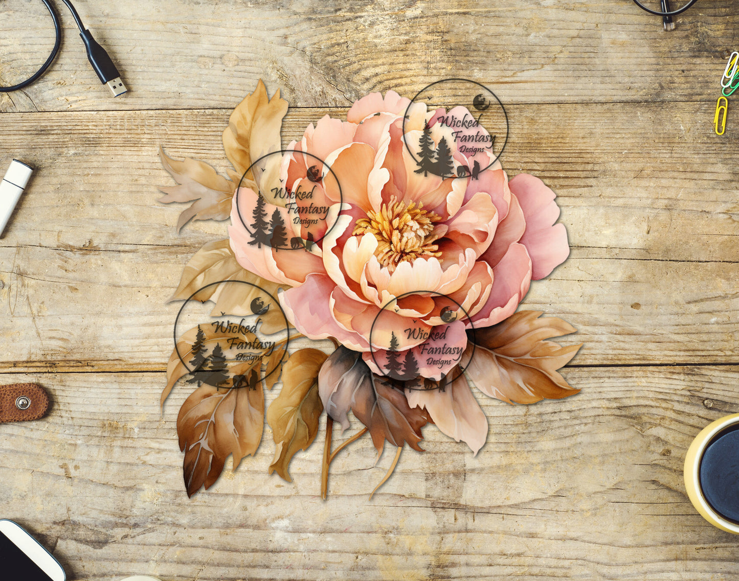 UVDTF Pink Coral and Cream Peony Flower Bouquet Arrangement