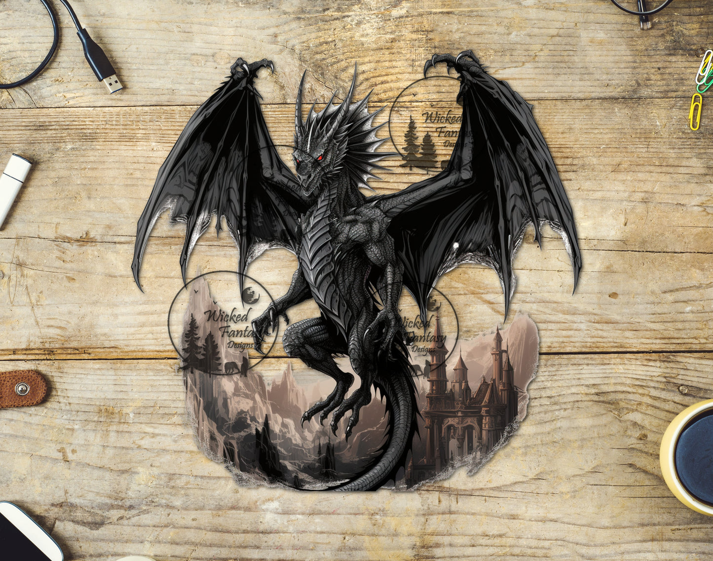 UVDTF Fantasy Black Flying Dragon Castle
