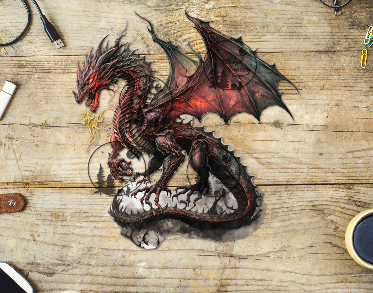 UVDTF Fantasy Black and Red Dragon with Flames