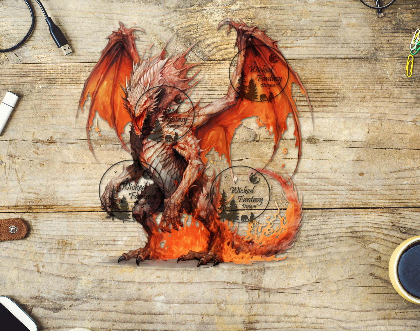 UVDTF Fantasy Angry Orange Dragon with Flames