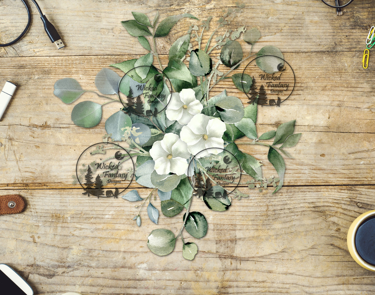 UVDTF Eucalyptus White Flower Bouquet Arrangement