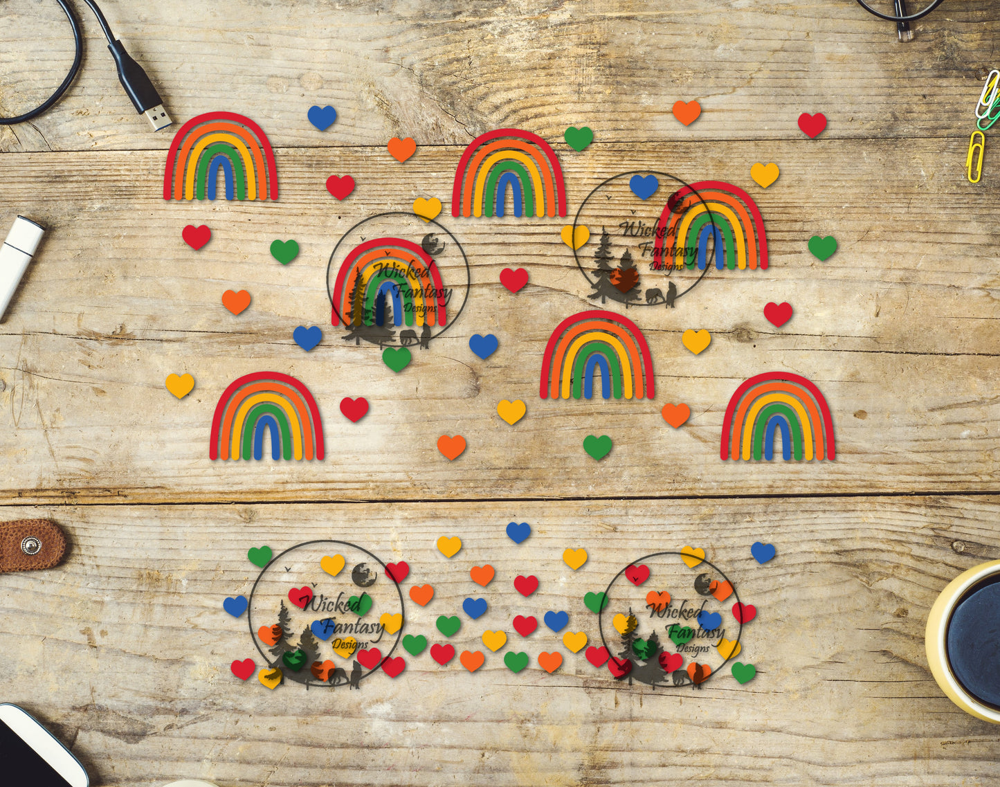 UVDTF Decal Tumbler Element 40oz Wrap Retro Rainbows and Hearts