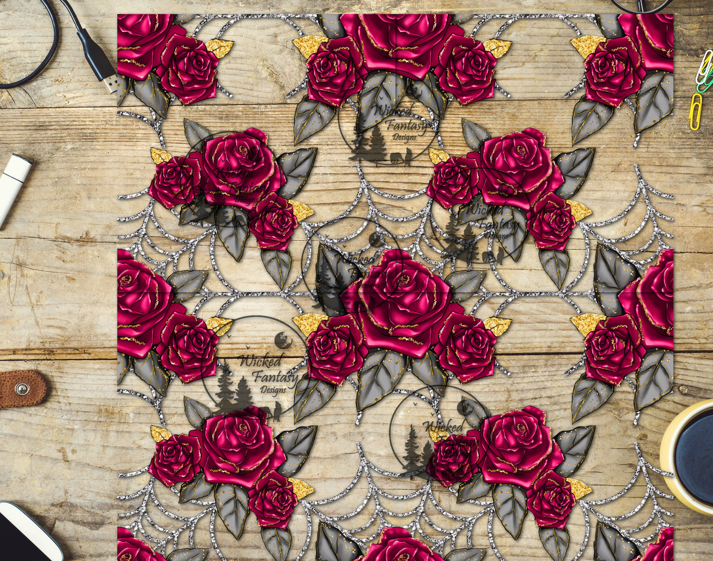UVDTF Decal Sheet Red Roses and Diamond Spider Web Elements