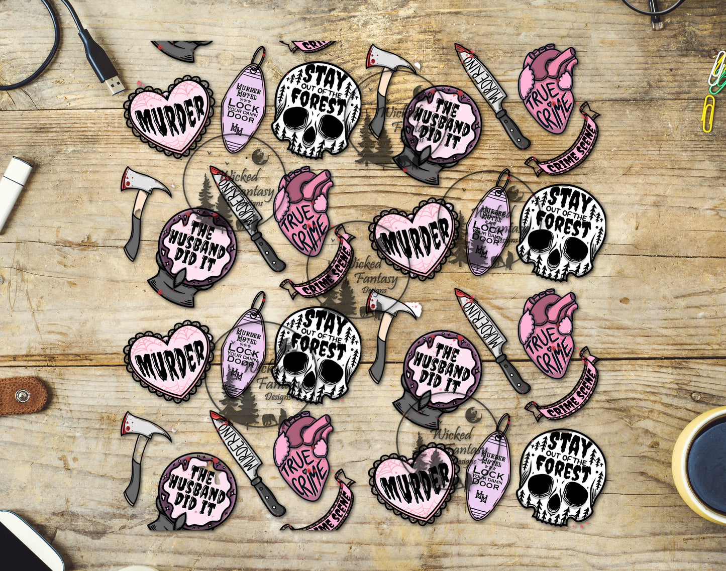 UVDTF Decal Sheet True Crime Cartoon Hearts 'n Skulls Elements